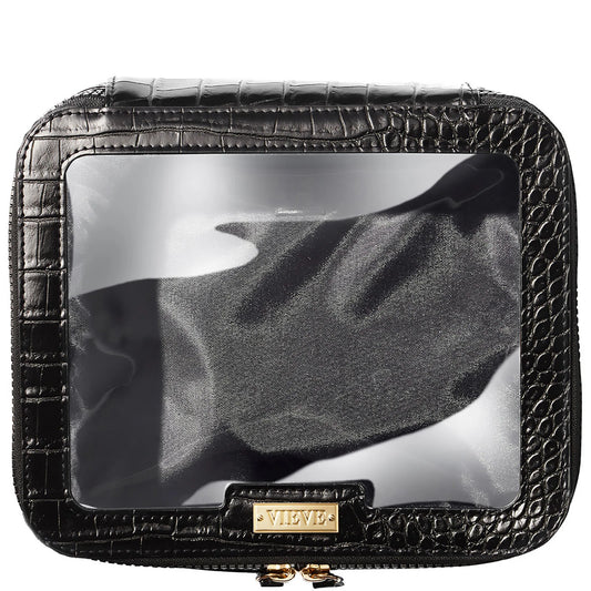 VIEVE The Essential+ Makeup Bag in sleek black faux leather with gold zip and embossed logo, structured and spacious for daily beauty essentials.