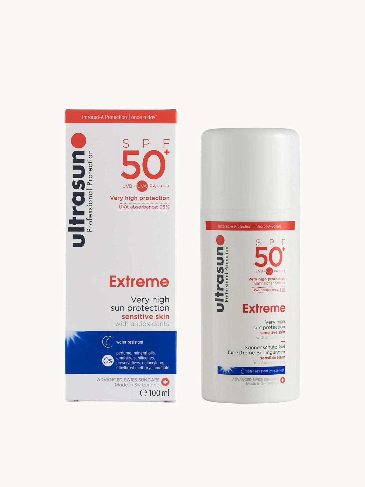 Ultrasun Sensitive SPF50+ Extreme 100ml, white airless pump bottle with orange text