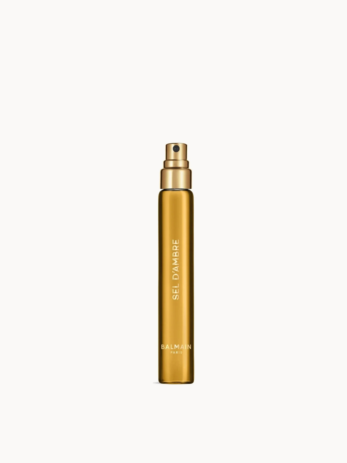 Balmain SEL D'AMBRE 10ML, small rectangular travel spray bottle with silver cap and Balmain lion emblem