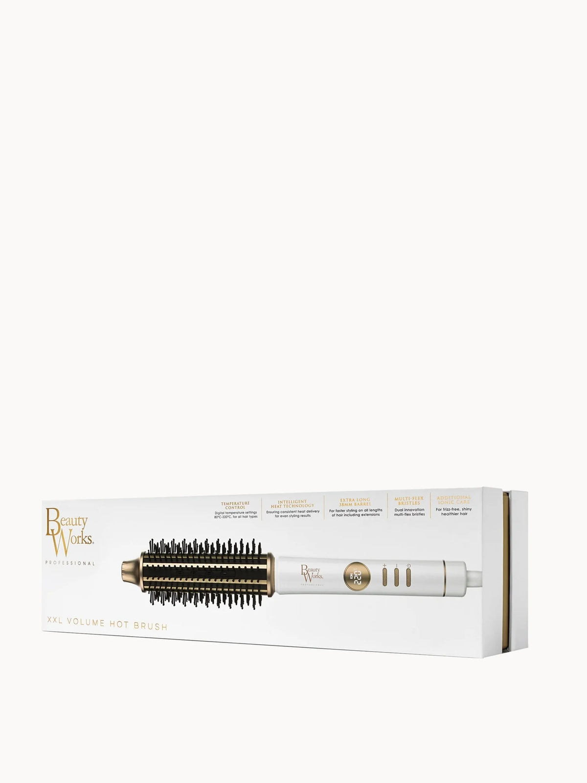 Beauty Works XL Volume Hot Brush, white and gold hot brush with long round barrel