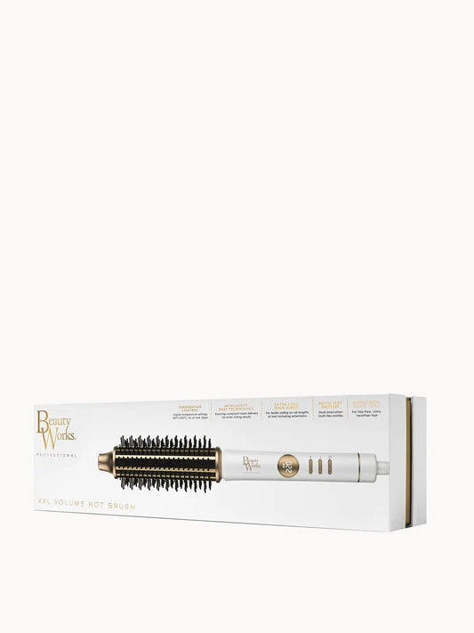 Beauty Works XL Volume Hot Brush, white and gold hot brush with long round barrel