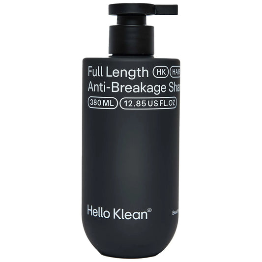 HELLO KLEAN Full Length Anti-Breakage Hard Water Shampoo 380ml, black bottle with white text and pump dispenser