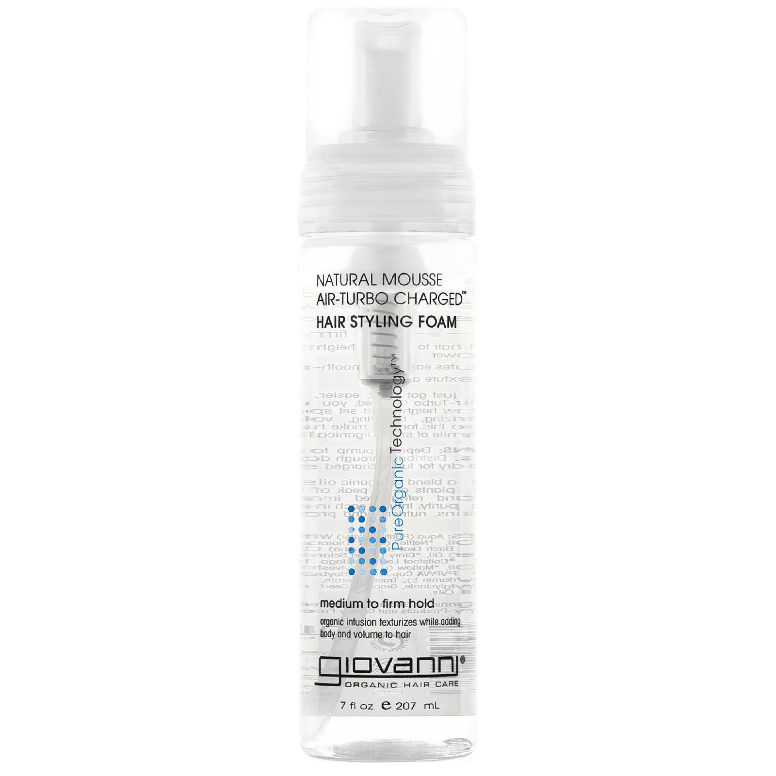 Giovanni Mousse Air-Turbo Charged Hair Styling Foam 207ml, silver cylindrical bottle with clear cap and bold black text, designed to add volume, hold, and shine to all hair types