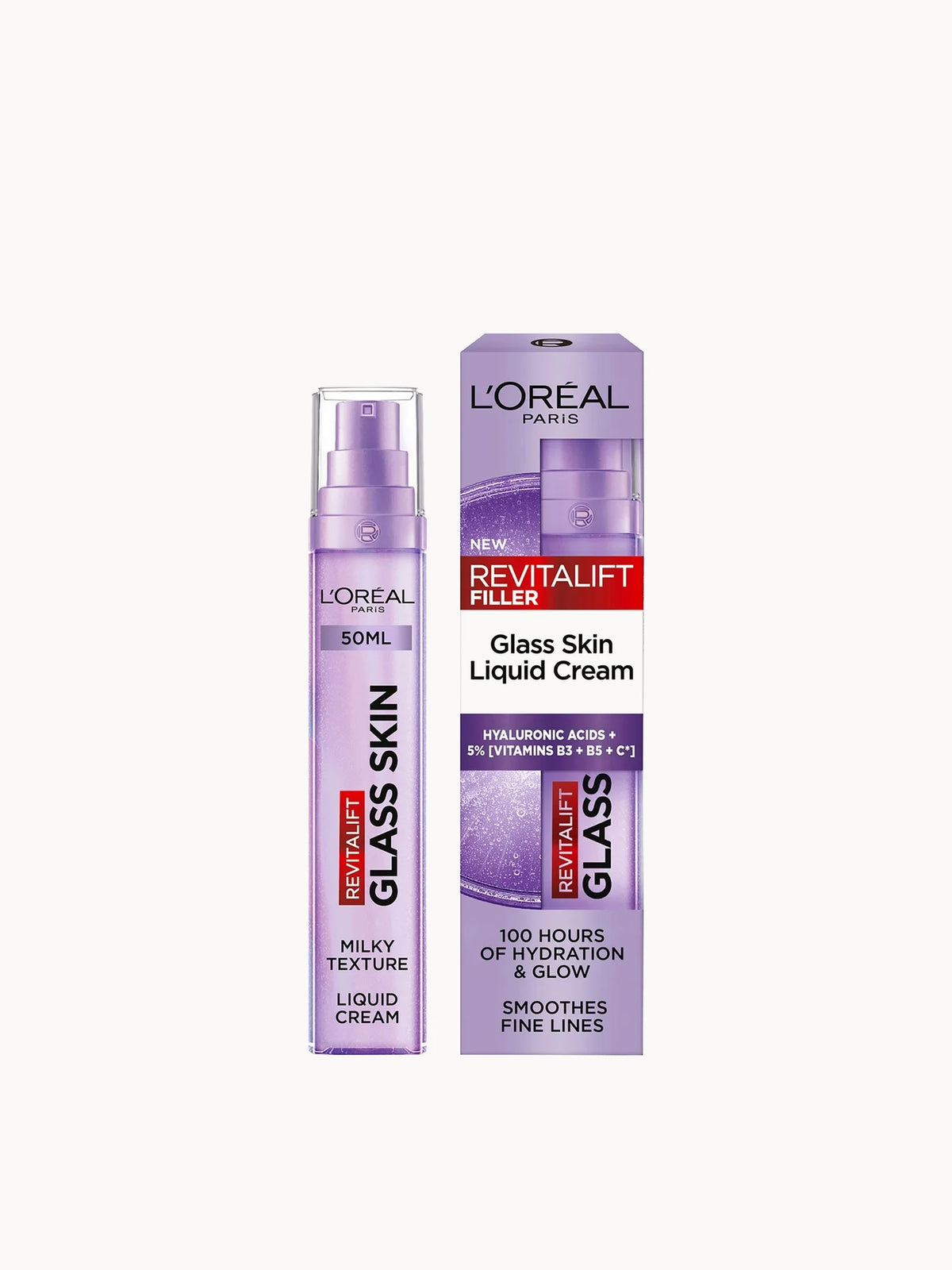 L'Oréal Paris Revitalift Filler Glass Skin Liquid Cream Face Moisturiser 50ml, clear pump bottle with gold cap and L'Oréal Paris Revitalift Filler branding