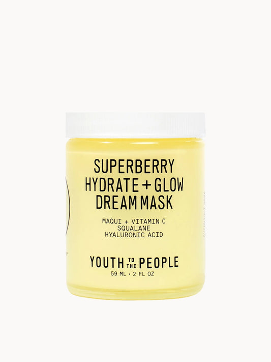 Youth To The People Superberry Hydrate and Glow Dream Mask 59ml, frosted glass jar with black lid and bold black-and-white Youth To The People label
