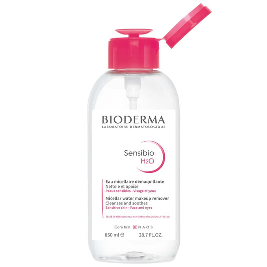 Bioderma Sensibio H2O Cleansing Micellar Water for Sensitive Skin 850ml large clear bottle with pink cap and label