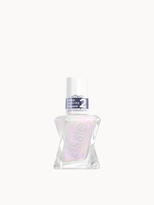 essie Gel Couture Metallic Glaze Top Coat 563 Blushed Metal nail polish bottle with twisted clear glass design