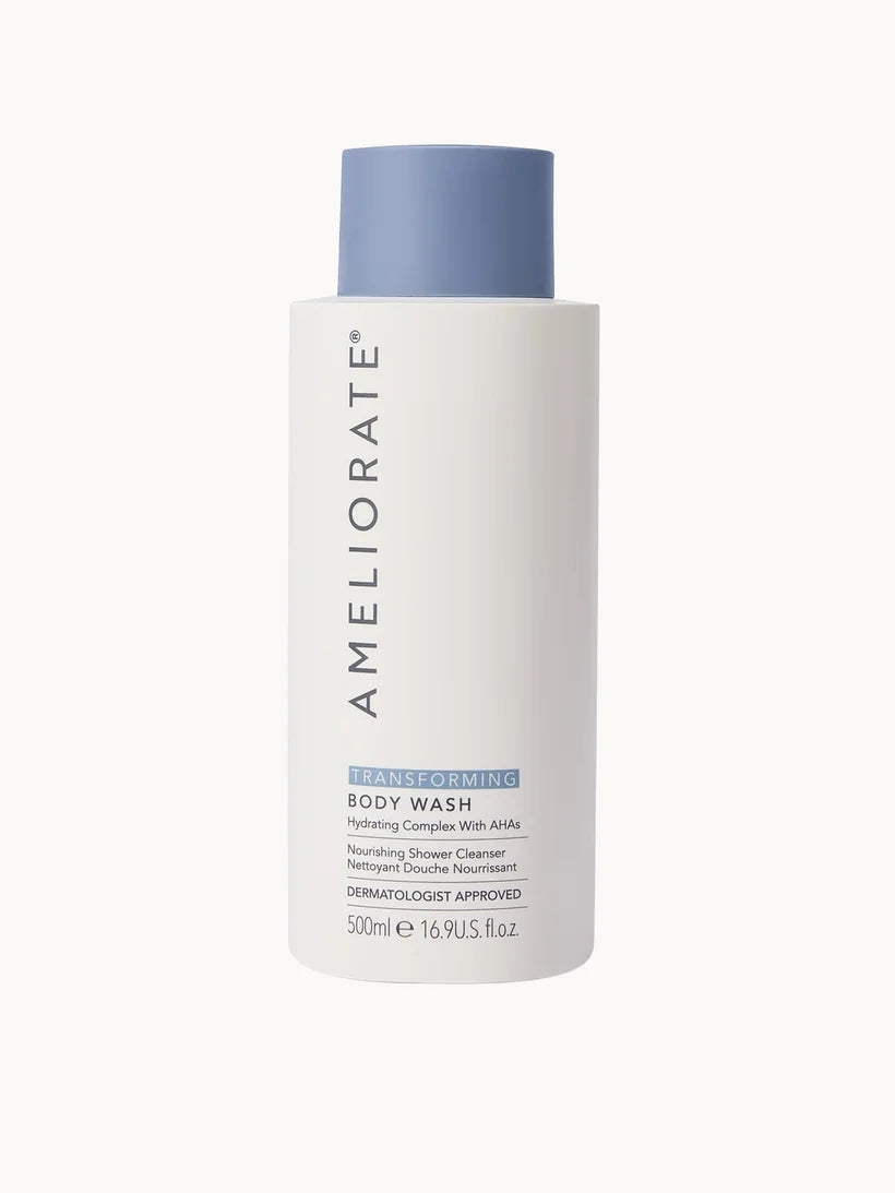 AMELIORATE Transforming Body Wash 500ml large white bottle with pump dispenser and green accents shown upright