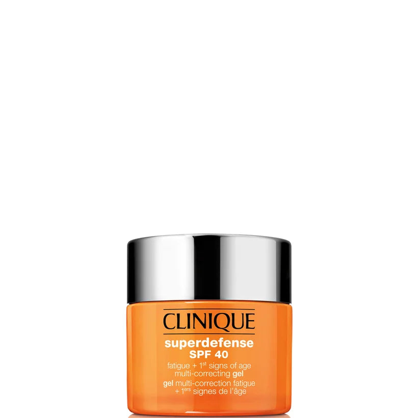 Clinique Superdefense SPF40 Moisturiser Gel 50ml in Clinique green jar shown in product packaging image