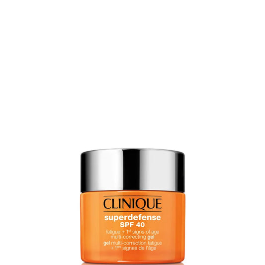 Clinique Superdefense SPF40 Moisturiser Gel 50ml in Clinique green jar shown in product packaging image