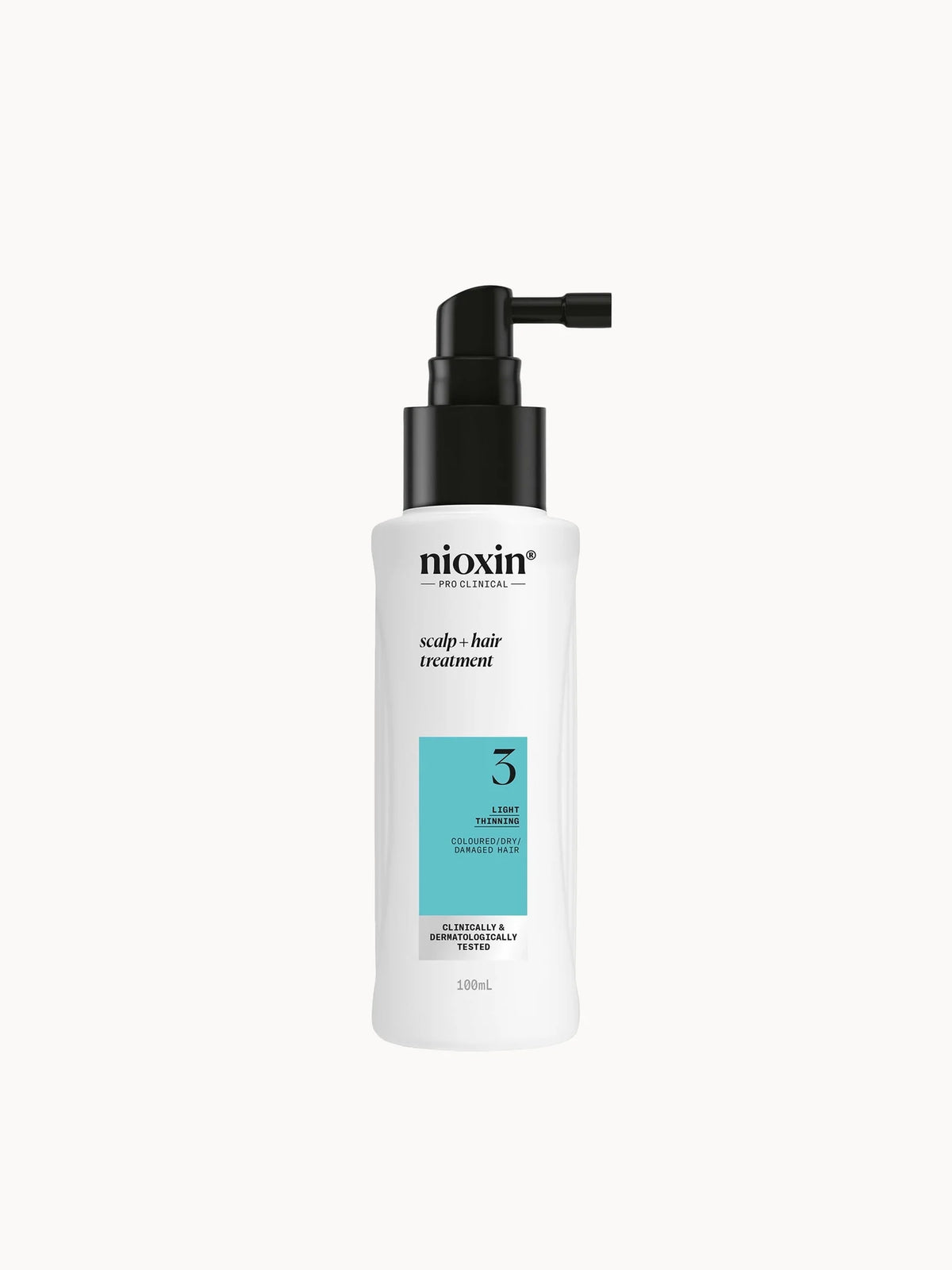 NIOXIN Scalp and Hair Thickening System 3 Leave on Treatment 100ml, clear pump bottle with white cap and burgundy NIOXIN System 3 label