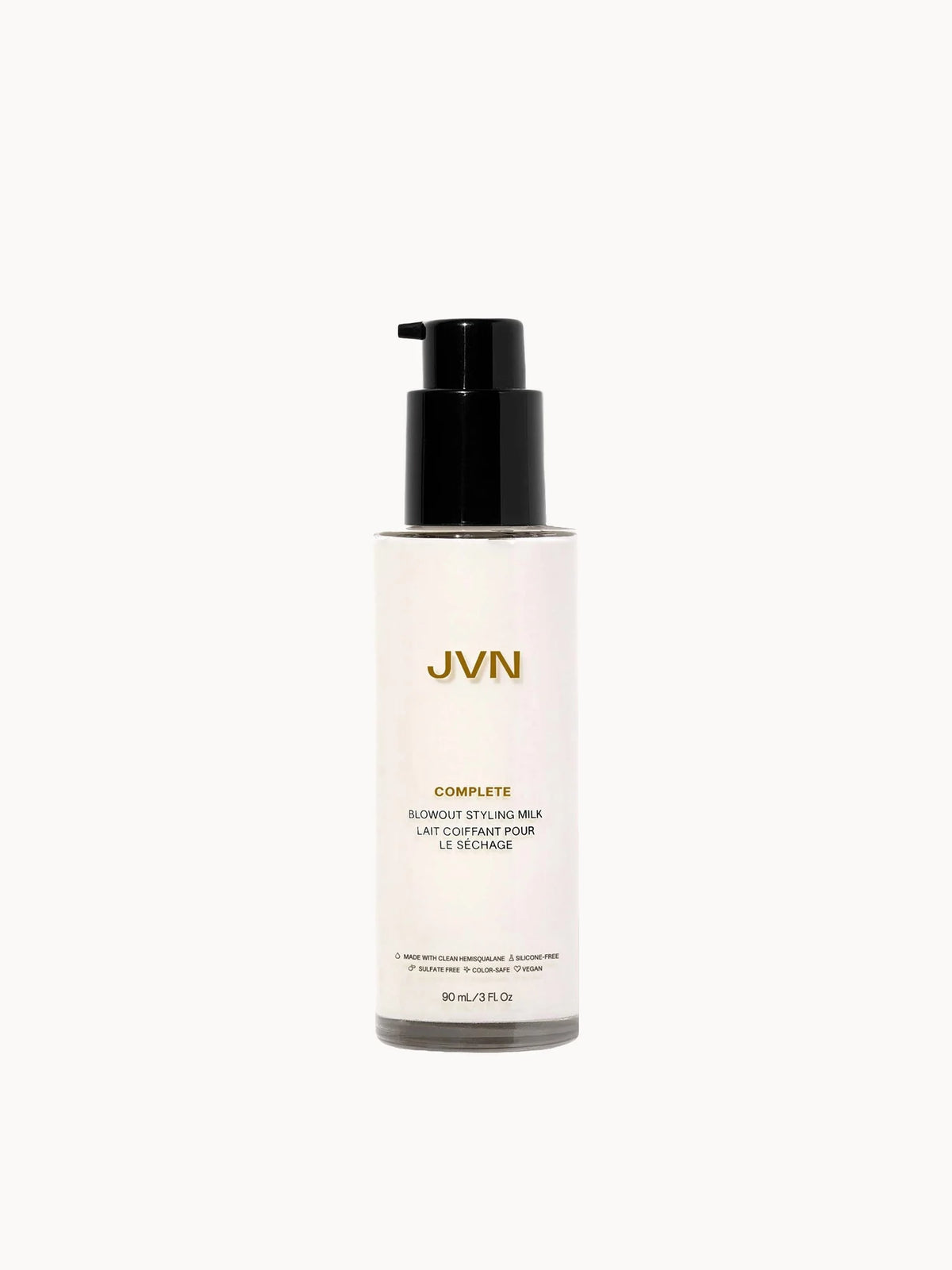 JVN Complete Blowout Styling Milk 90ml, clear bottle with white pump and pink cursive logo