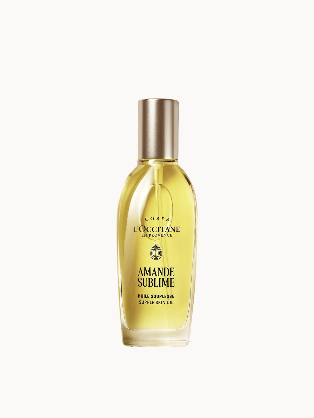 L'Occitane Almond Supple Skin Oil 100ml, amber glass bottle with gold pump and almond branding