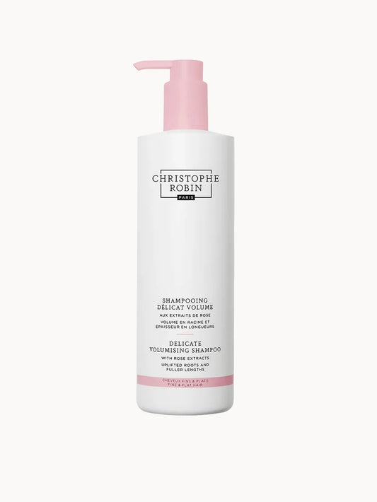 Christophe Robin Delicate Volumising Shampoo with Rose Extracts 500ml clear bottle with pink liquid and pump dispenser