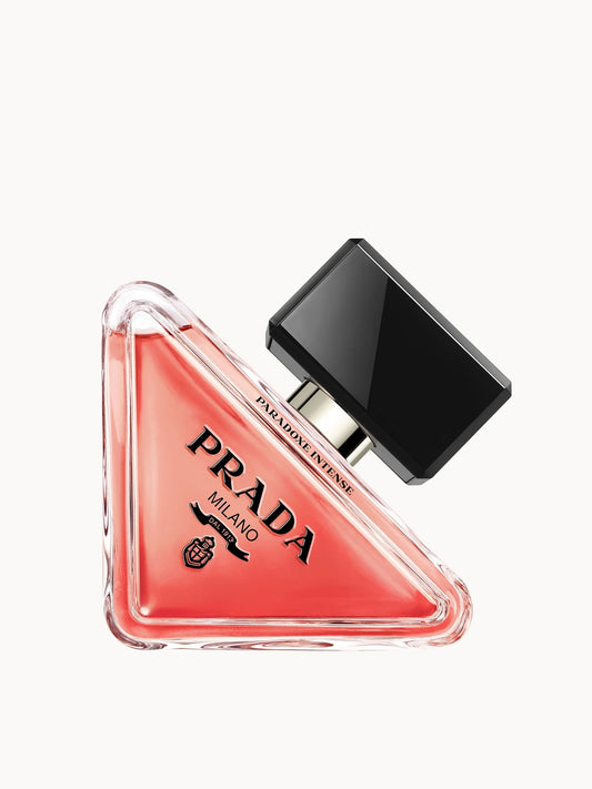 Prada Paradoxe Intense Eau de Parfum 50ml, rounded triangular glass perfume bottle with pink-amber liquid and black Prada emblem