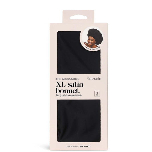 Kitsch Satin Sleep XL Adjustable Bonnet, oversized silky bonnet in black color with adjustable drawstring, designed to protect hair overnight and reduce frizz