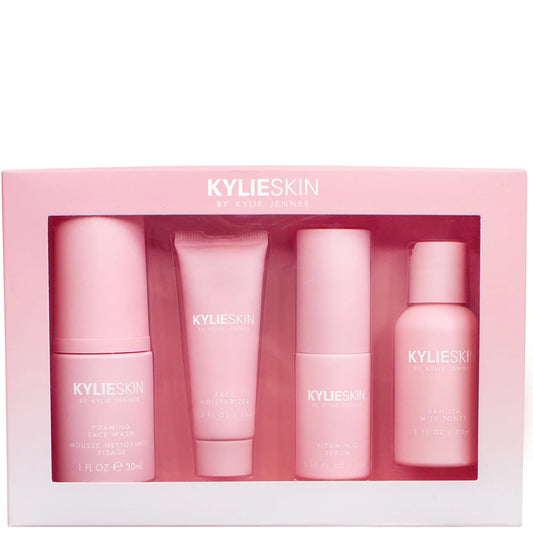Kylie Skin 4 piece mini travel skincare set in pink packaging