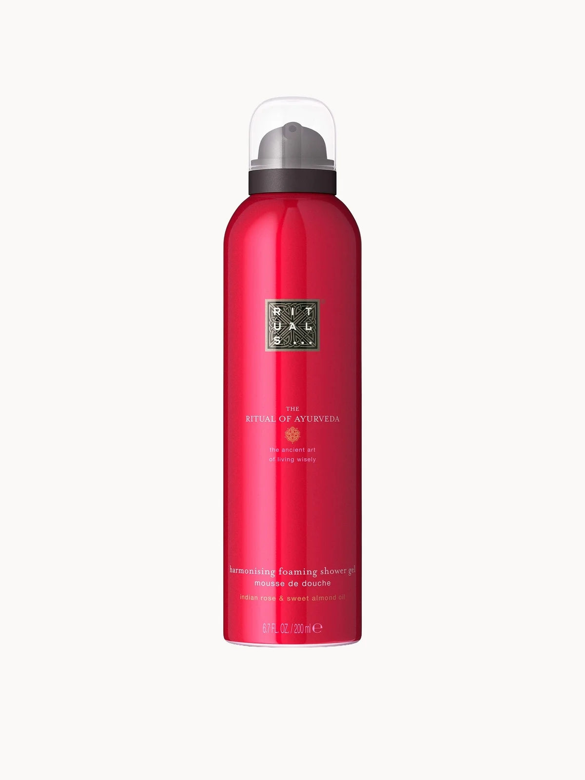 RITUALS The Ritual of Ayurveda Sweet Almond & Indian Rose Foaming Body Wash 200ml, 200ml plastic bottle with pump top and Rituals Ayurveda labelling