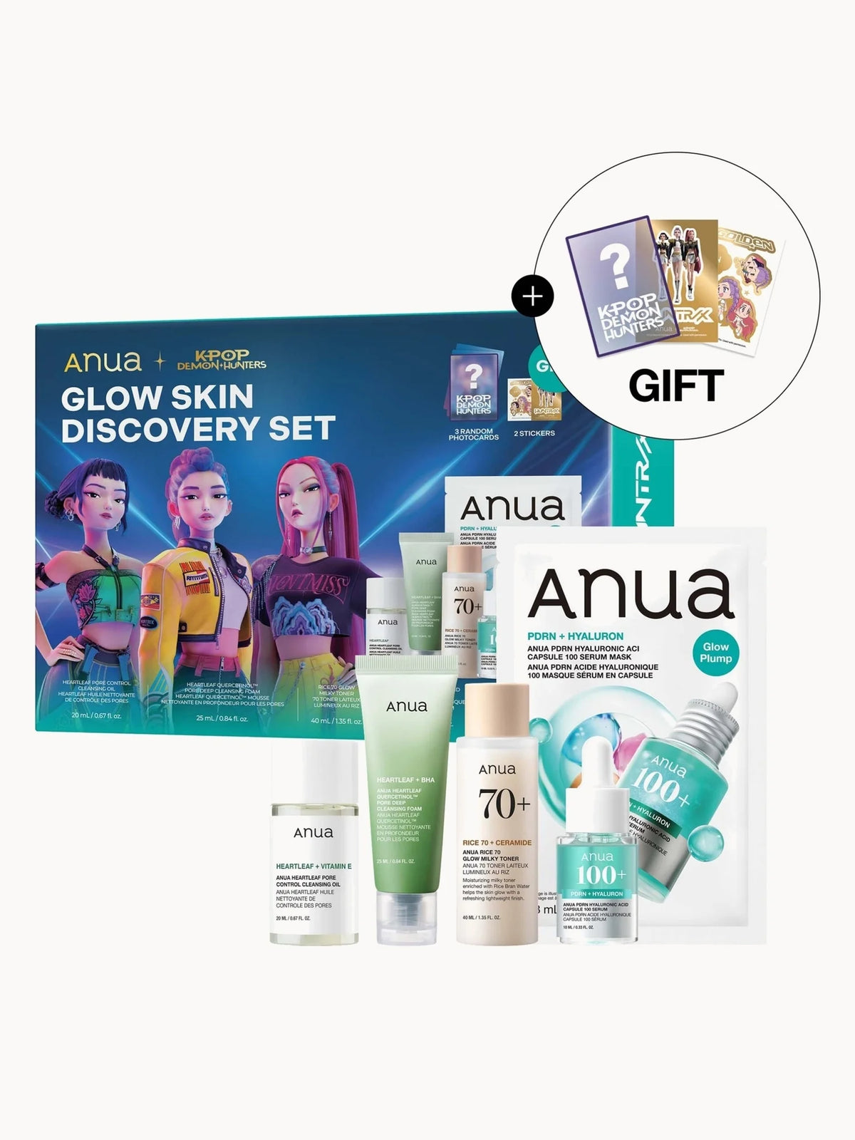 Anua KPop Demon Hunters Glow Skin Discovery Set, five skincare minis in playful themed packaging