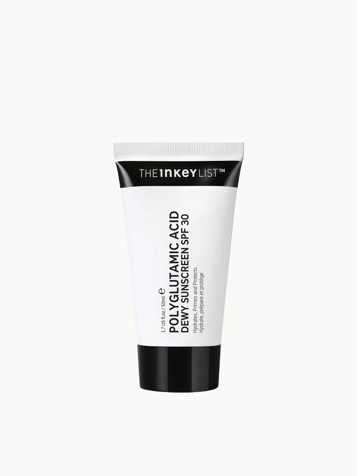 The INKEY List Polyglutamic Acid Dewy Sunscreen SPF30 50ml , clear pump bottle with white cap and The INKEY List minimalist branding