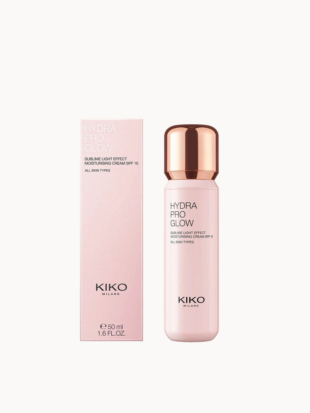 KIKO Milano Hydra Pro Glow 50ml, clear pump bottle with gold cap and KIKO Milano Hydra Pro Glow branding