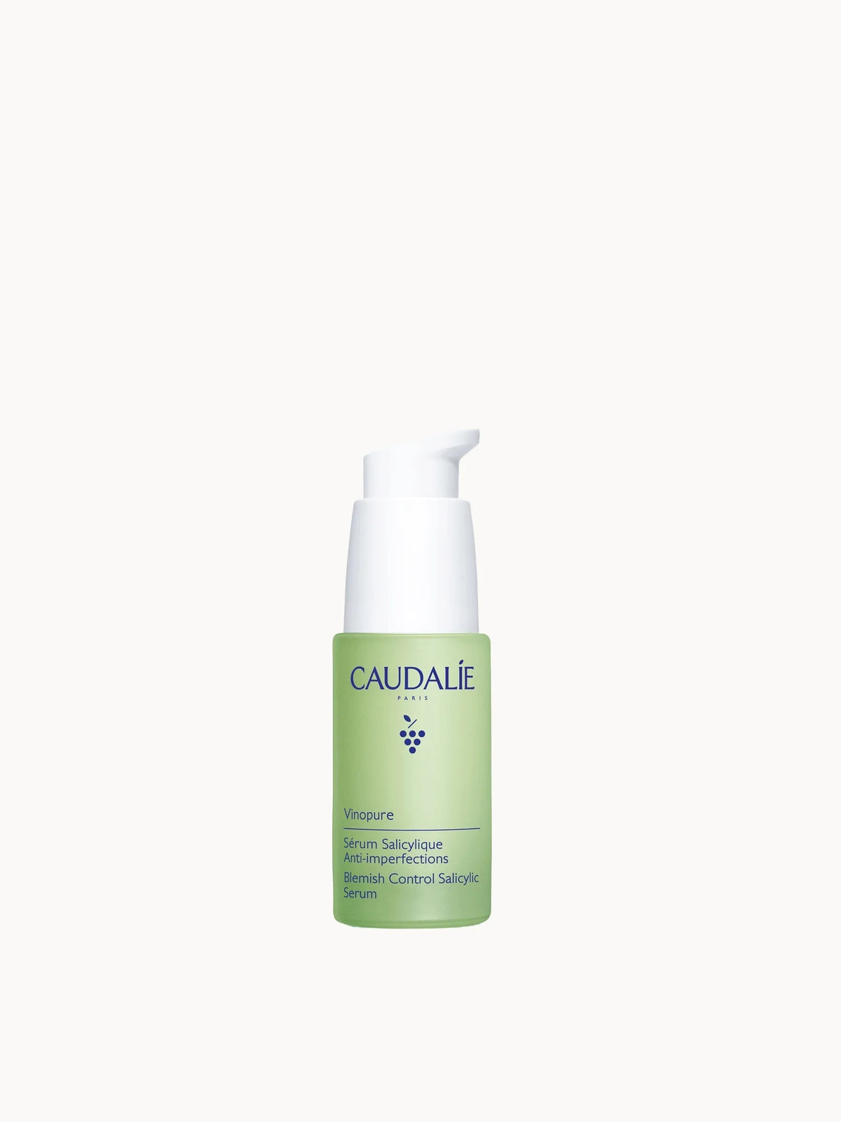 Caudalie Vinopure Natural Salicylic Acid Serum 30ml, clear glass bottle with dropper and green cap
