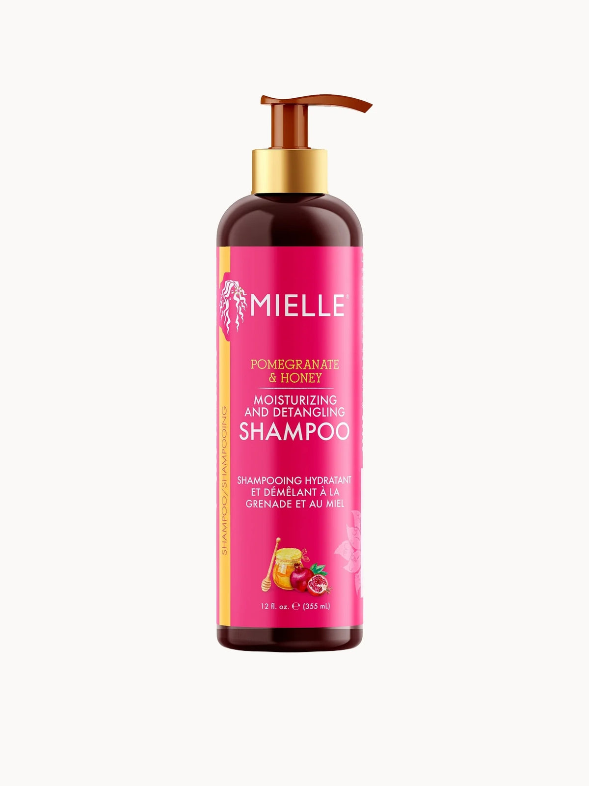 Mielle Organics Pomegranate & Honey Shampoo 355ml, tall pink bottle with white flip-cap