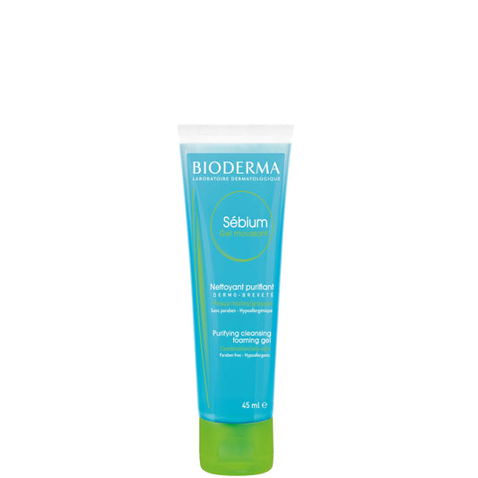 Bioderma Sebium Purifying Cleansing Foaming Gel 45ml, small white and green plastic tube with flip cap and Bioderma Sebium branding