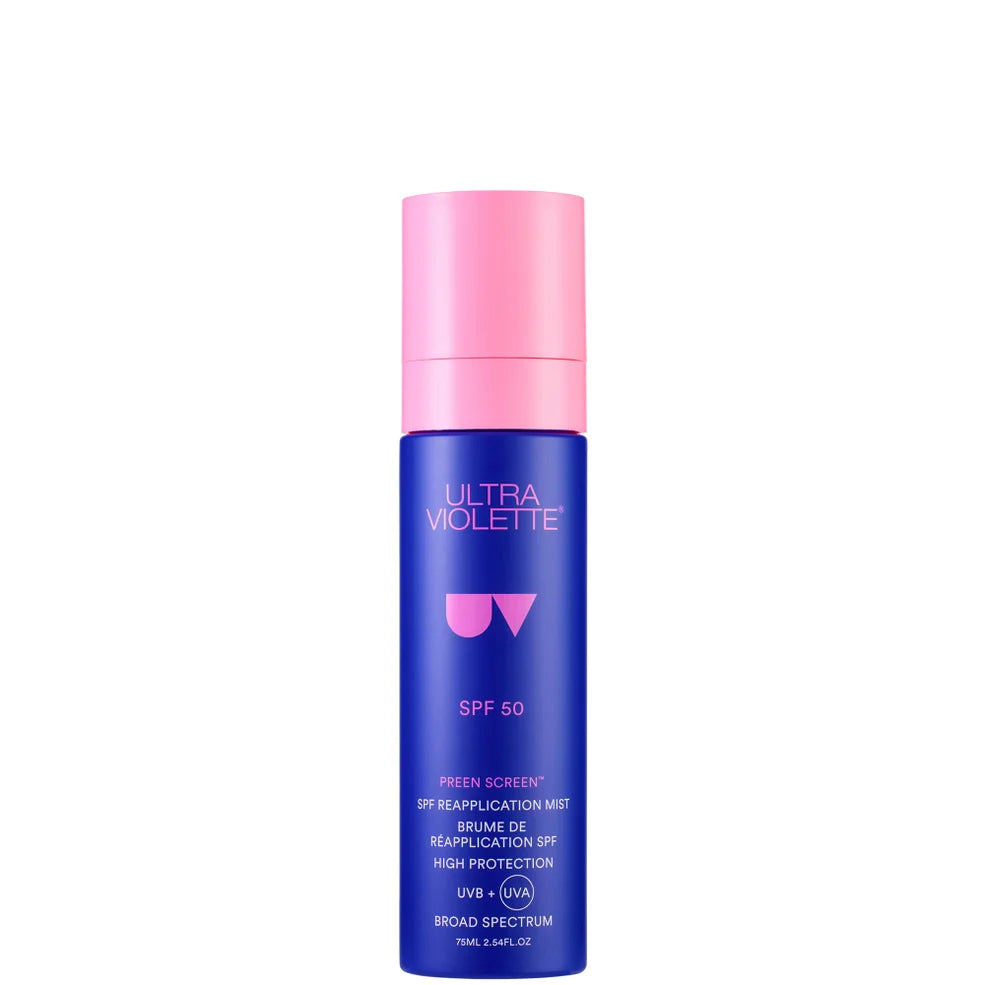 Ultra Violette Preen Screen SPF 50+ Reapplication Mist 75ml, orange spray bottle with black cap