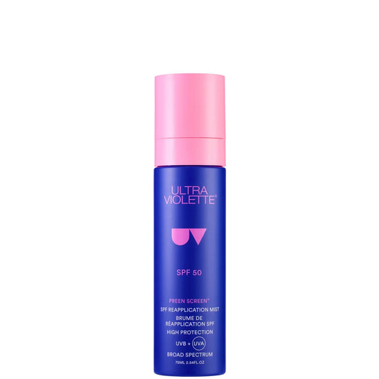 Ultra Violette Preen Screen SPF 50+ Reapplication Mist 75ml, orange spray bottle with black cap