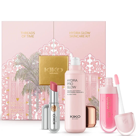 KIKO Milano Hydra Glow Skincare Kit multipiece skincare set with coordinating packaging on a white background