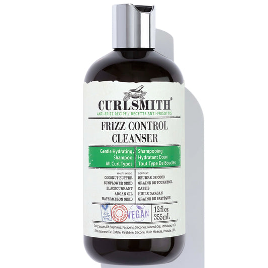 Curlsmith Frizz Control Cleanser 355ml, tall amber bottle with vintage-style label and black flip-top cap