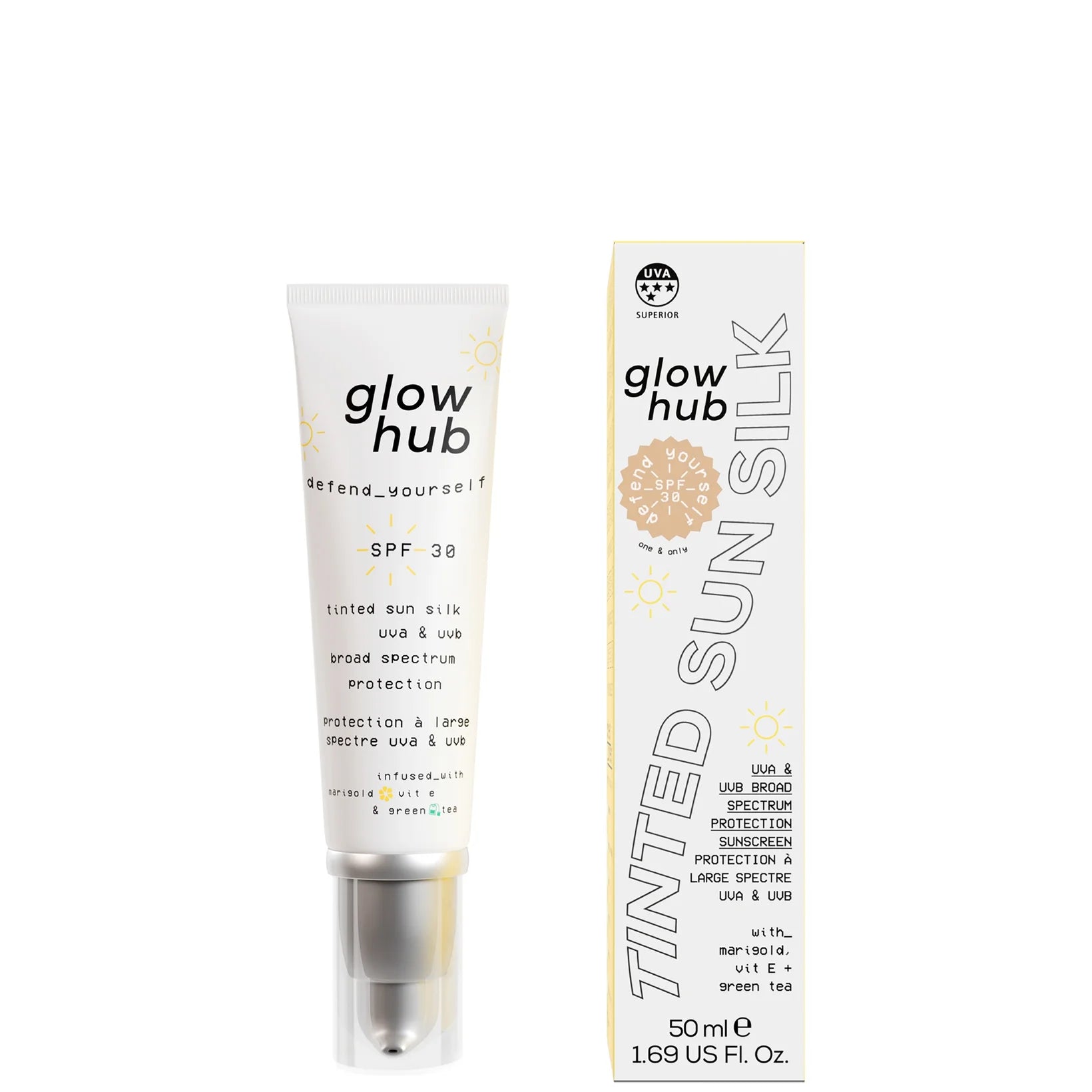 Glow Hub Tinted Sun Silk SPF 30 - One & Only – Beige tube of tinted sunscreen delivering sheer coverage with SPF protection.