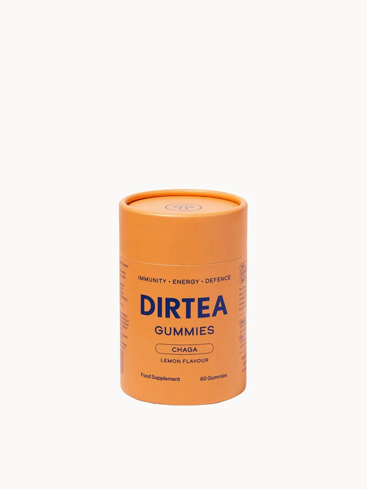 DIRTEA Gummies Chaga Lemon Flavour 180g white tub with yellow accents and bold DIRTEA branding