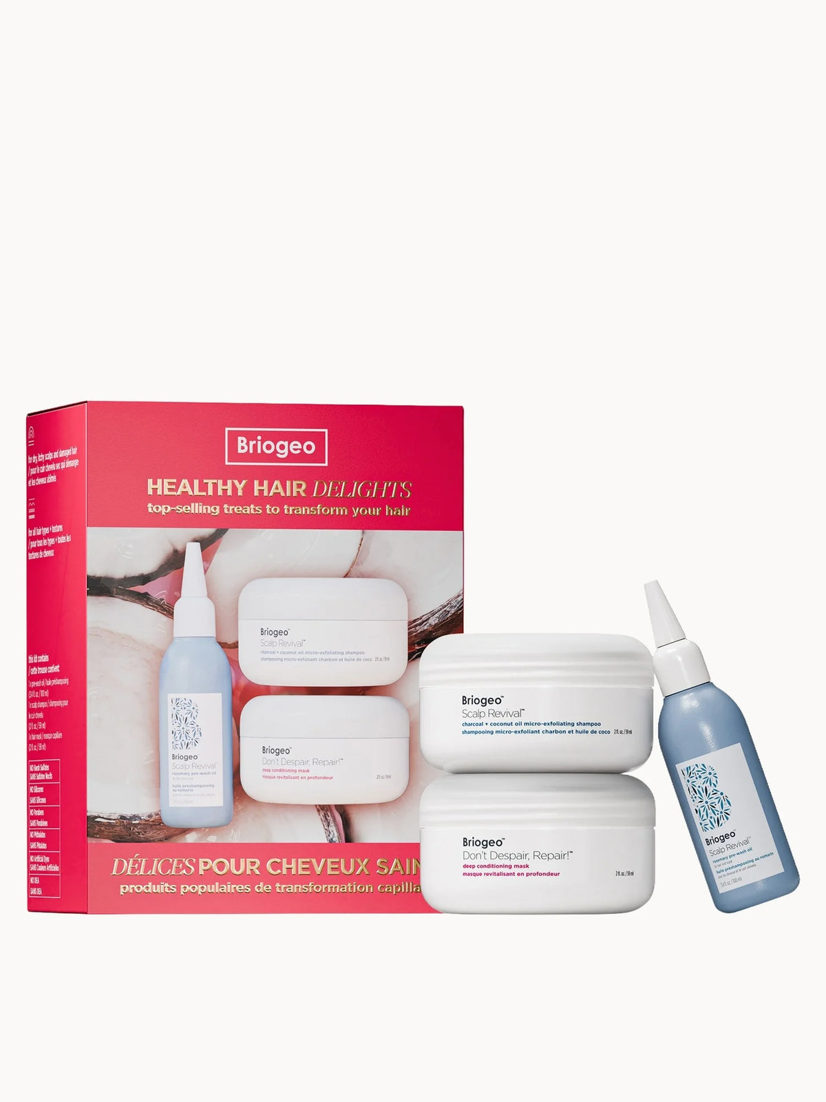Briogeo Healthy Hair Delights Gift Set, box with mini haircare bottles and Briogeo branding