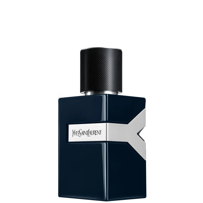 Yves Saint Laurent Y Le Parfum 60ml dark blue glass fragrance bottle with silver Y detail and black cap displayed upright