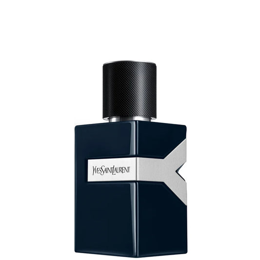 Yves Saint Laurent Y Le Parfum 60ml dark blue glass fragrance bottle with silver Y detail and black cap displayed upright
