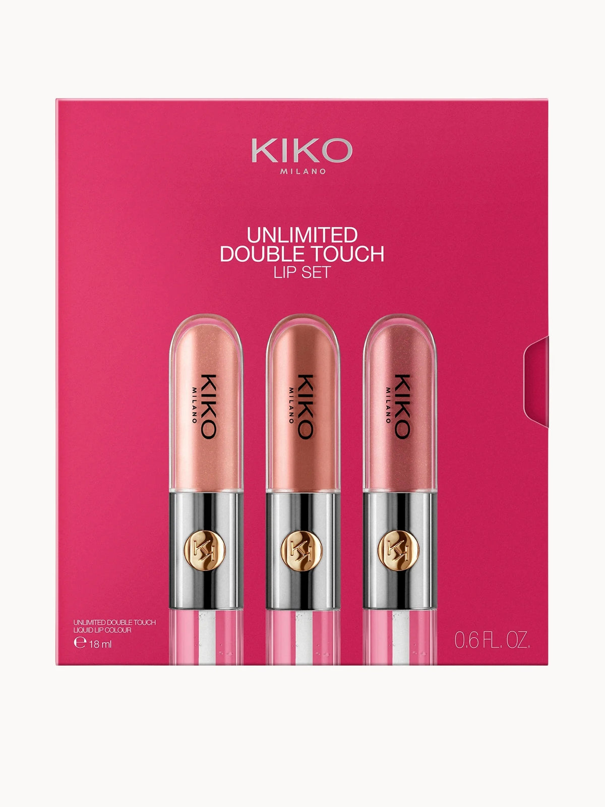 KIKO Milano Unlimited Double Touch Lip Set 18ml - Nude Attitude, three slim black and gold tubes in a nude-toned cardboard sleeve