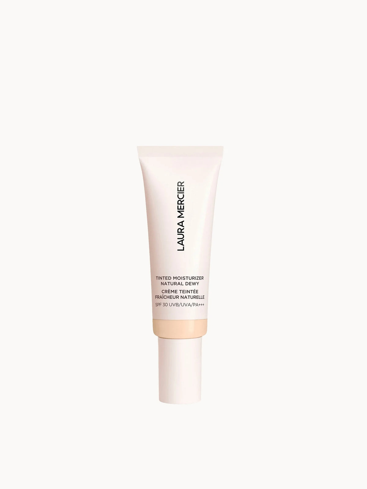 Laura Mercier Tinted Moisturiser Natural Dewy SPF30 45ml - 0N Silk, slim white squeeze tube with black screw cap and black Laura Mercier lettering