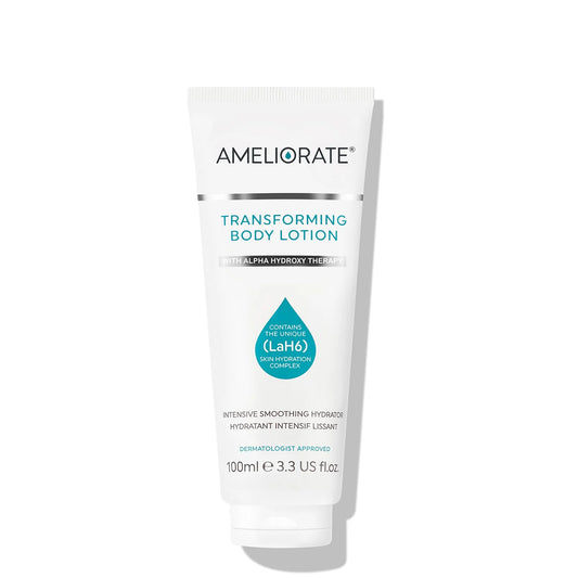AMELIORATE Transforming Body Lotion 100ml in white tube with teal and silver detailing and flip-top cap