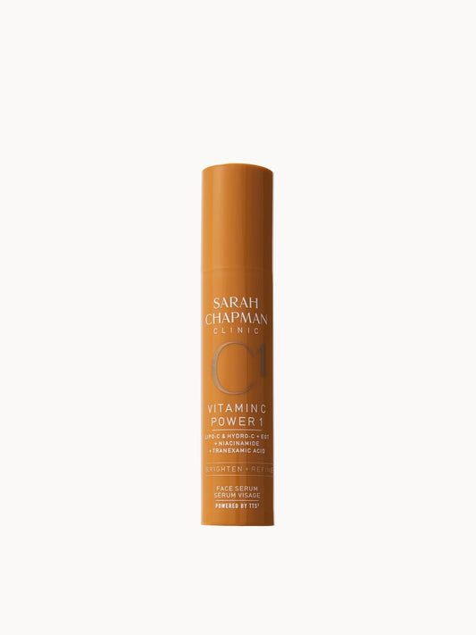 Sarah Chapman Vitamin C POWER 1 Face Serum 30ml, amber glass dropper bottle with black cap and Sarah Chapman Skinesis label