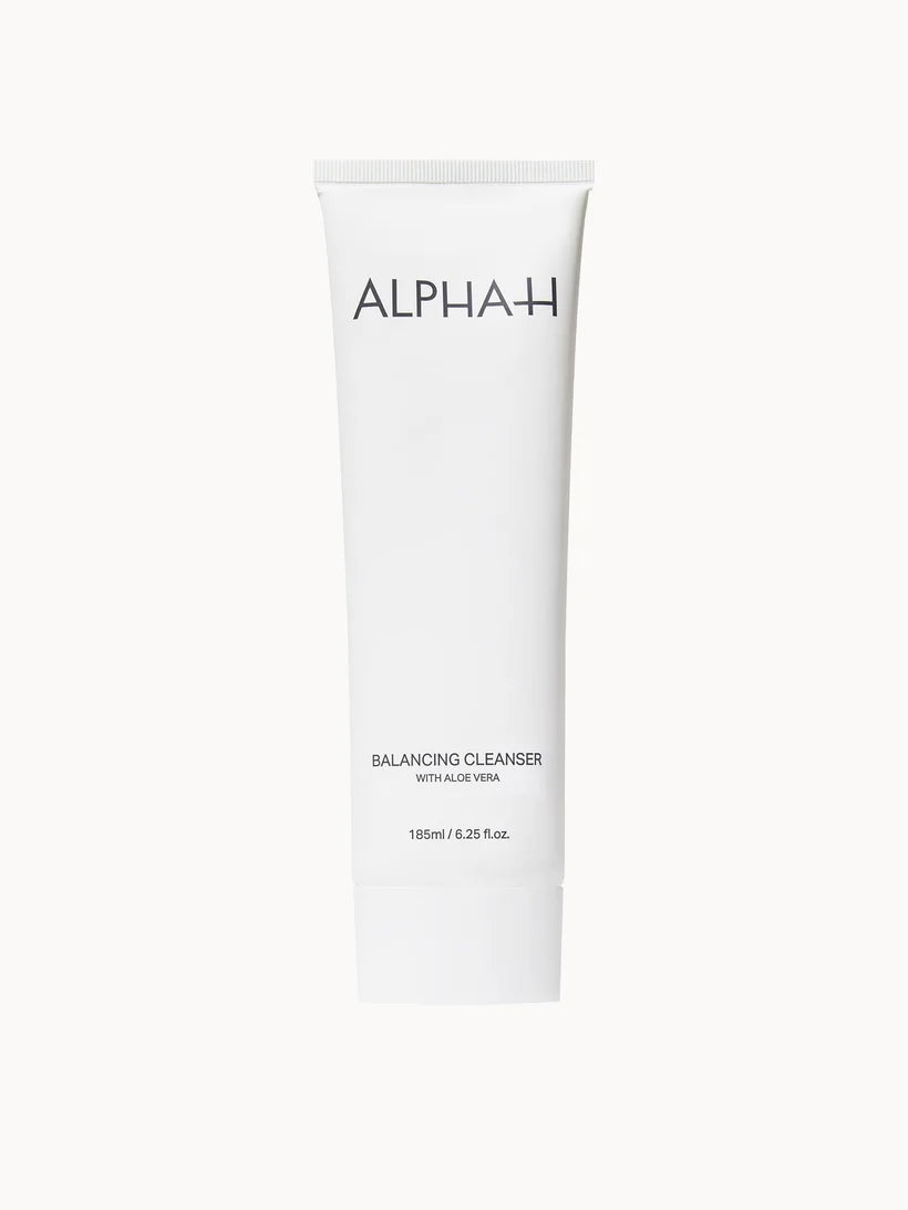 Alpha-H Balancing Cleanser with Aloe Vera 185ml white tube with black cap and minimal text