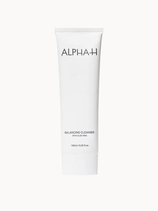 Alpha-H Balancing Cleanser with Aloe Vera 185ml white tube with black cap and minimal text