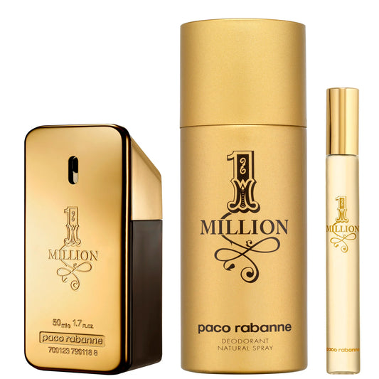 Paco Rabanne 1 Million EDT 50ml Gift Set, gold ingot-shaped bottle with matching deodorant and travel spray