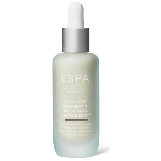 ESPA (Professional) Tri-Active Regenerating Bio Retinol Sleeping Serum 100ml – nighttime skincare serum with bio-retinol and botanicals for skin renewal, in an elegant amber glass bottle with pump dispenser.