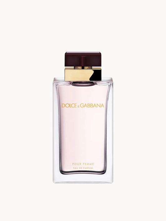 Dolce & Gabbana Pour Femme Eau de Parfum 100ml rectangular glass bottle with soft pink liquid and maroon cap