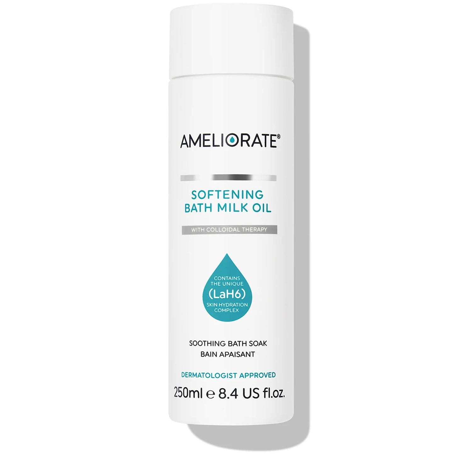 AMELIORATE Softening Bath Milk Oil 250ml bottle, hydrating bath oil to cleanse and soften dry skin