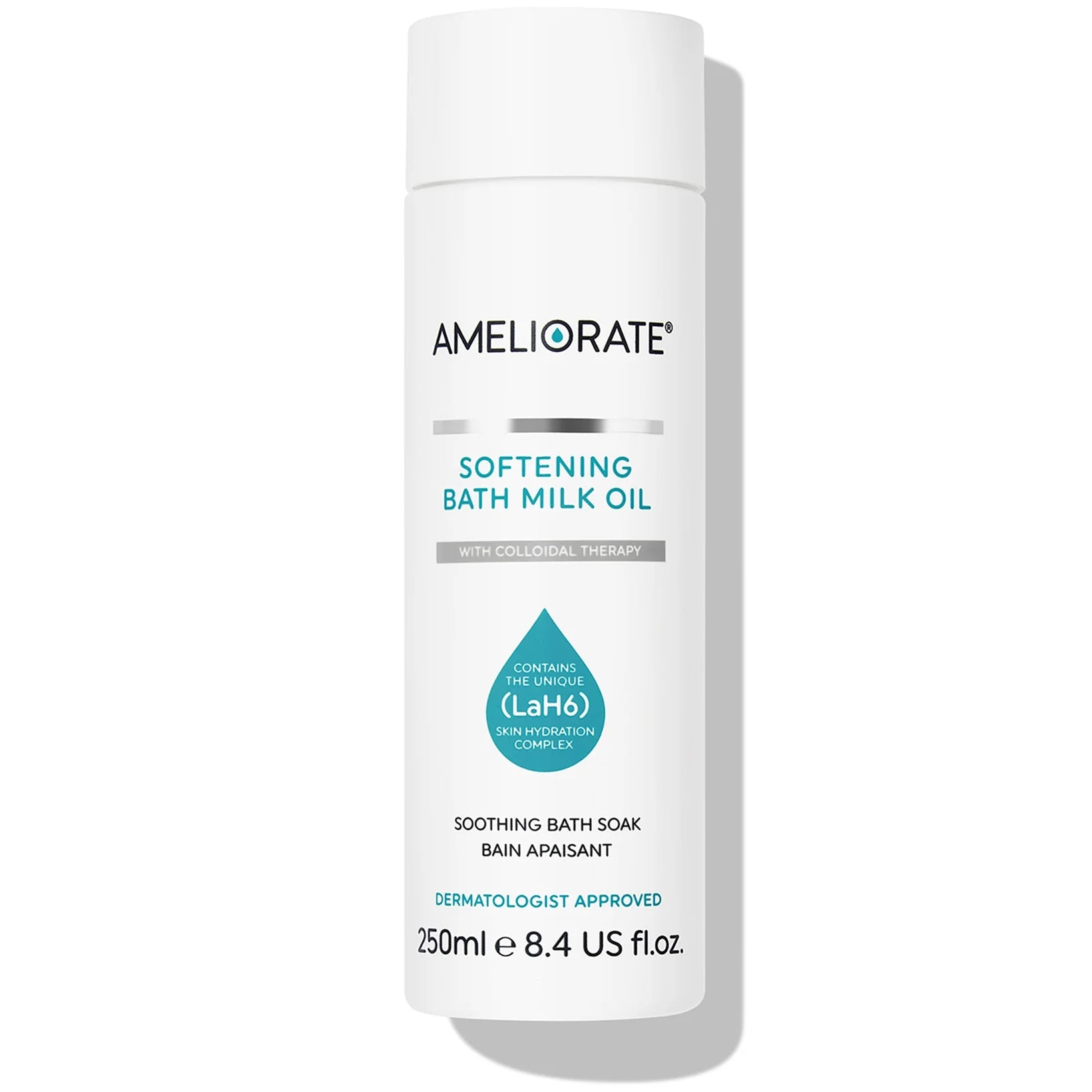 AMELIORATE Softening Bath Milk Oil 250ml bottle, hydrating bath oil to cleanse and soften dry skin