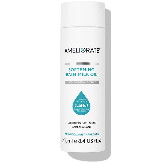 AMELIORATE Softening Bath Milk Oil 250ml bottle, hydrating bath oil to cleanse and soften dry skin