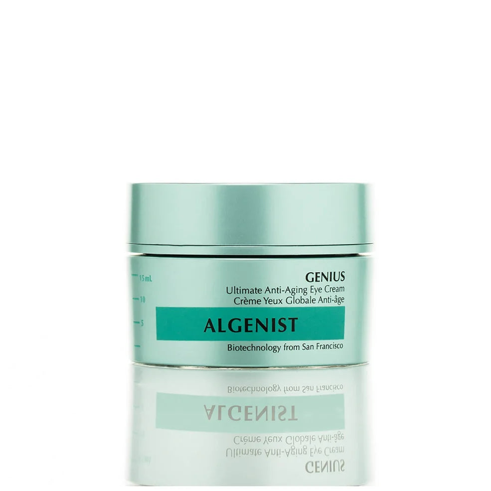 Close-up of ALGENIST GENIUS cream jar showcasing anti-ageing formula with rich texture
